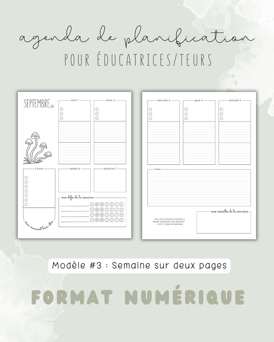 NUMÉRIQUE - Agenda de planification pour éducatrices et éducateurs | Modèle #3 : Semaine sur deux pages
