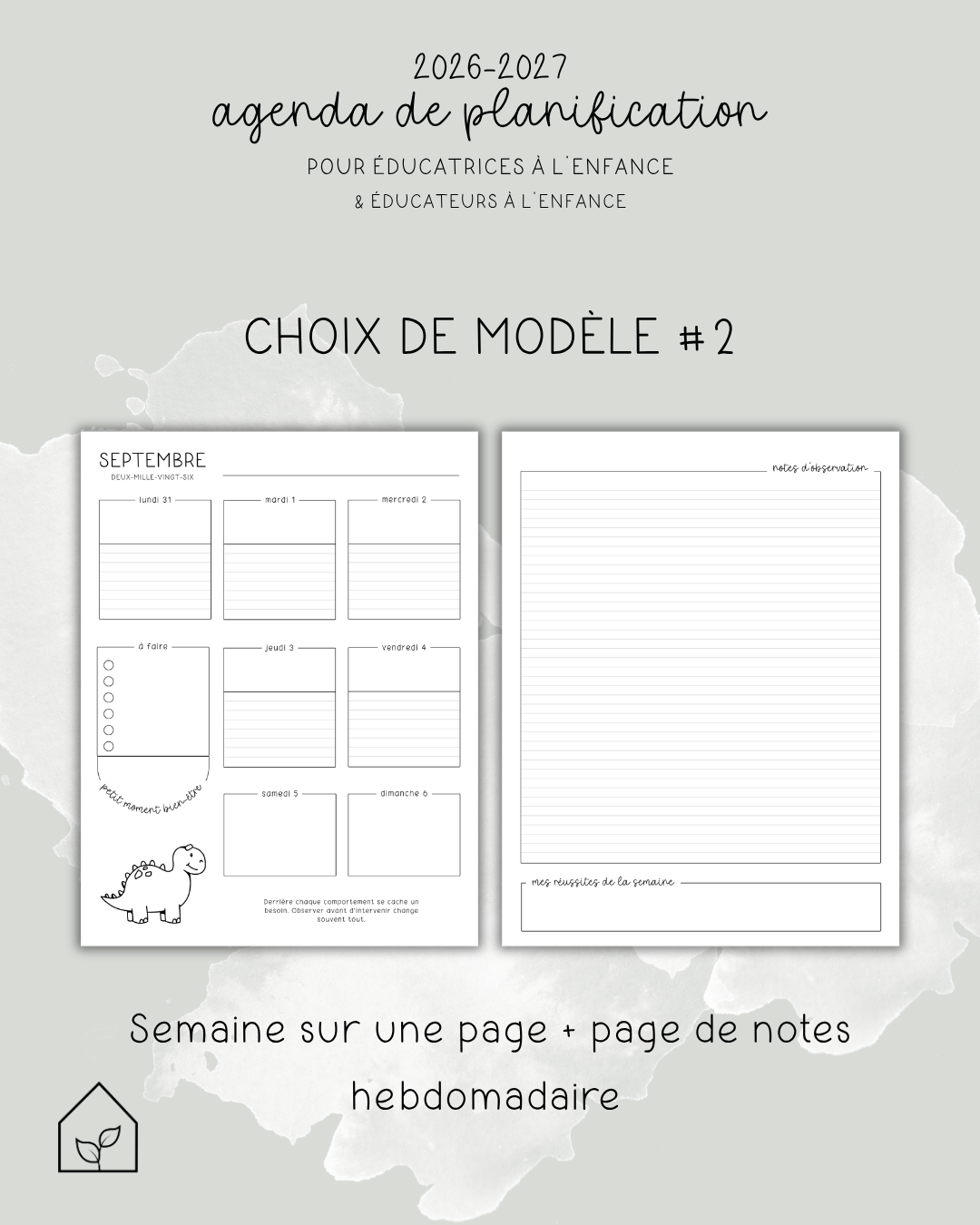 Agenda pour le personnel éducateur | Modèle 2 : Semaine sur une page + page de notes