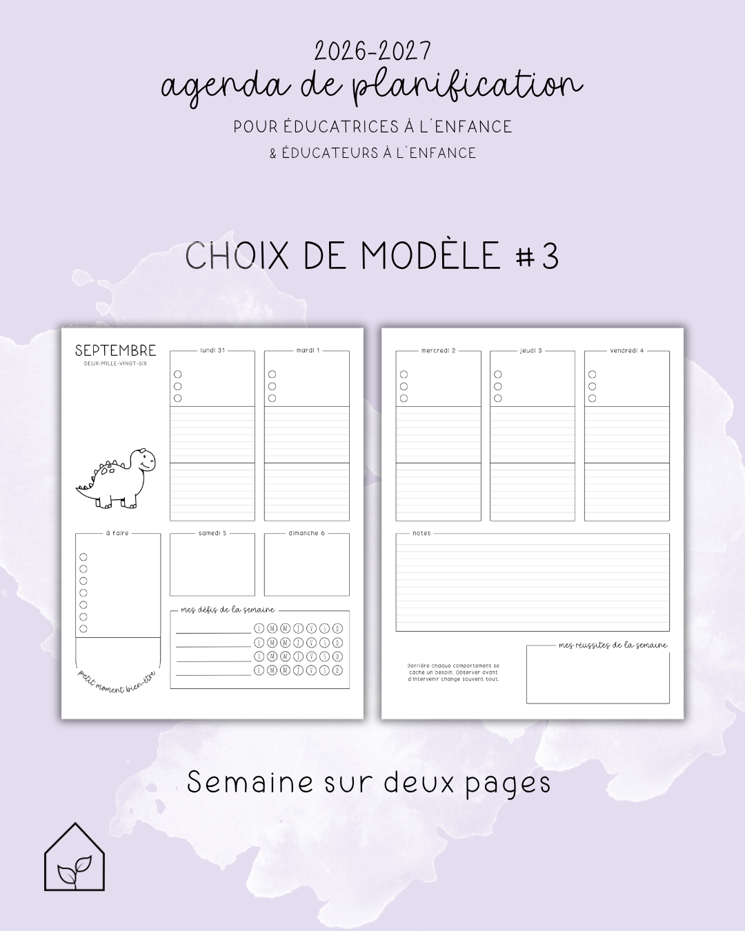 Agenda pour le personnel éducateur | Modèle 3 : Semaine sur deux pages