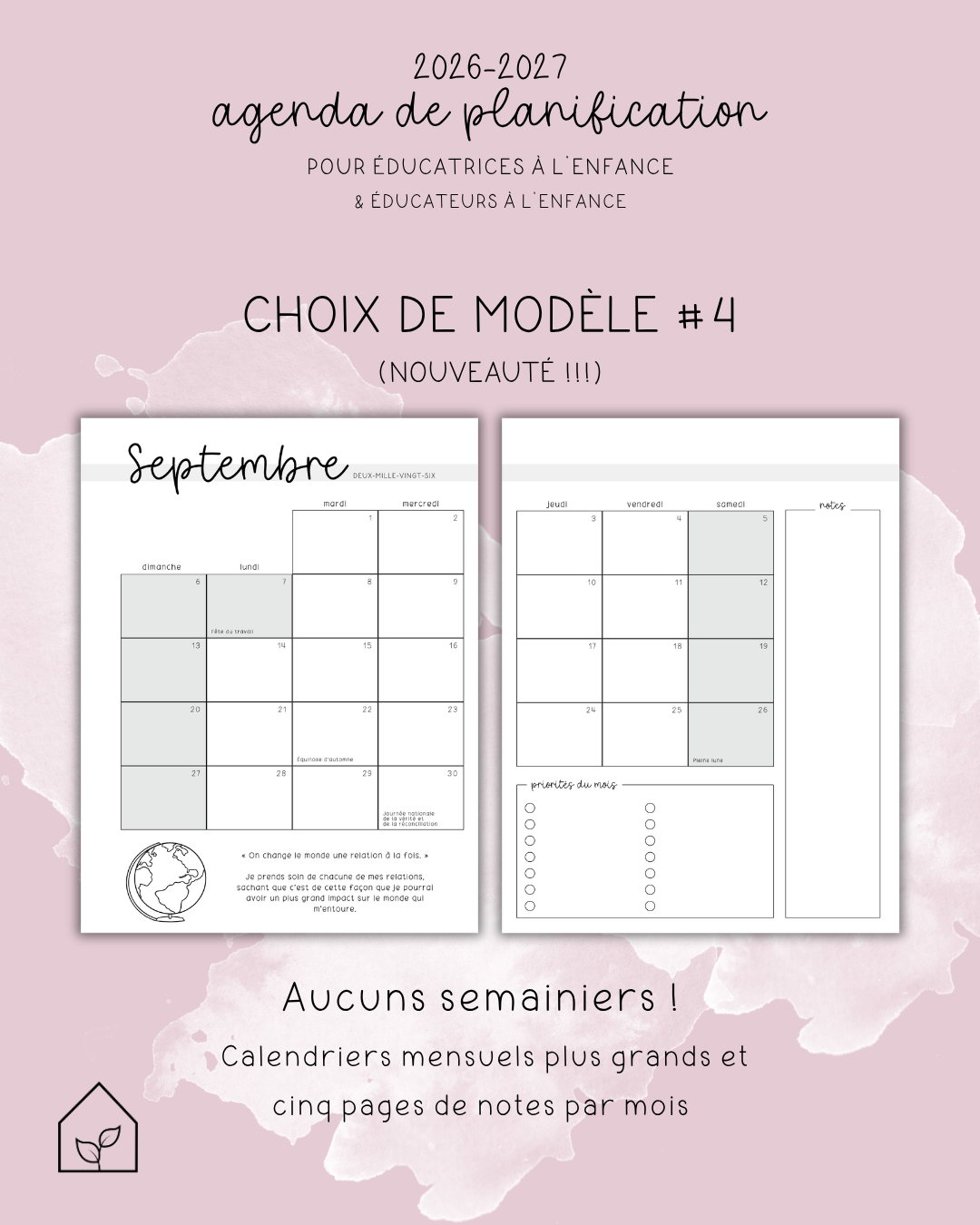 Agenda pour le personnel éducateur | Modèle 4 : Sans semainiers