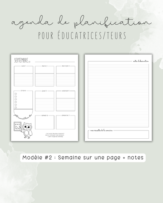 Agenda de planification pour éducatrices et éducateurs | Modèle #2 : Semaine sur une page + notes