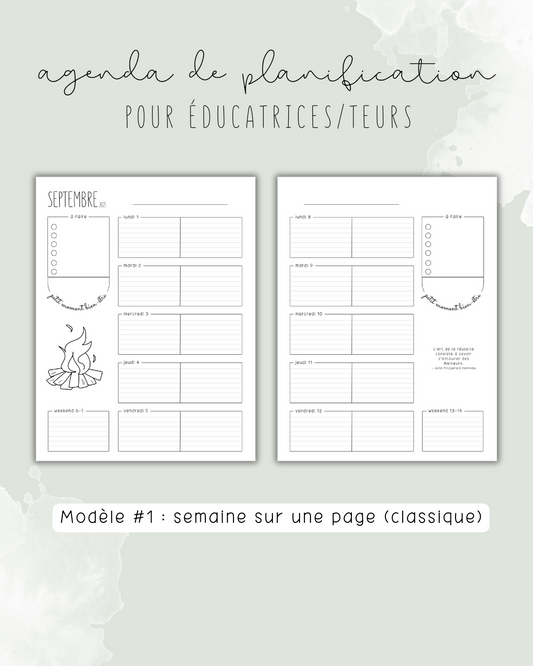 Agenda de planification pour éducatrices et éducateurs | Modèle #1 : Semaine sur une page (classique)
