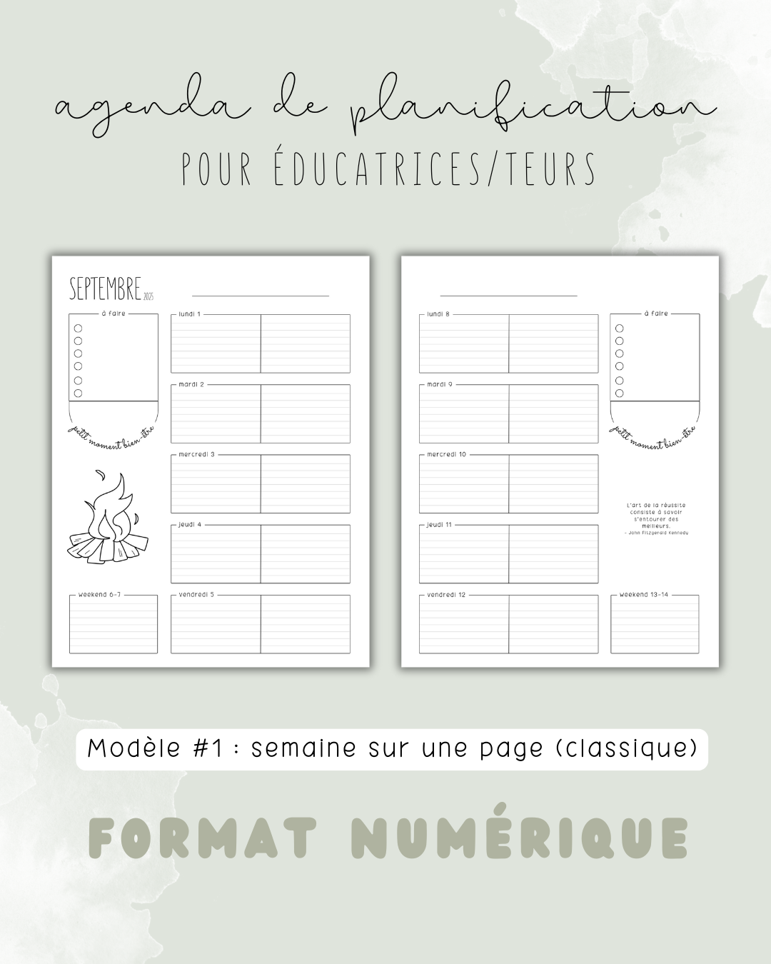 NUMÉRIQUE - Agenda de planification pour éducatrices et éducateurs | Modèle #1 : Semaine sur une page (classique)