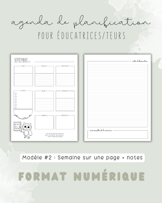 NUMÉRIQUE - Agenda de planification pour éducatrices et éducateurs | Modèle #2 : Semaine sur une page + notes