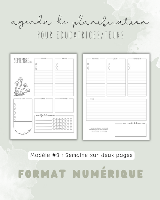 NUMÉRIQUE - Agenda de planification pour éducatrices et éducateurs | Modèle #3 : Semaine sur deux pages