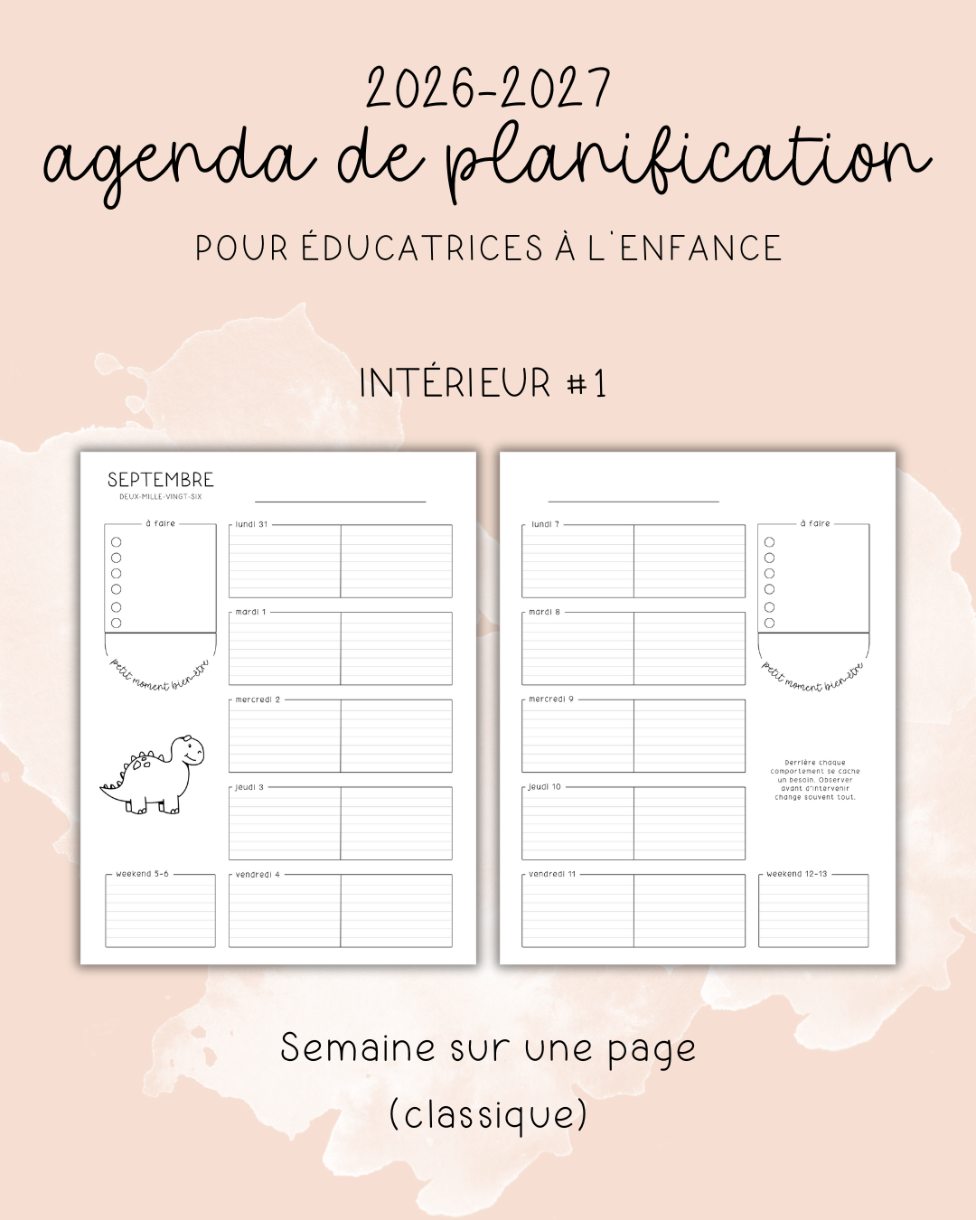 Agenda pour le personnel éducateur | Modèle 1 : Semaine sur une page (classique)