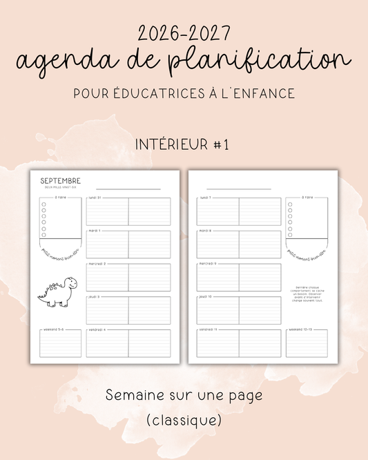 Agenda pour le personnel éducateur | Modèle 1 : Semaine sur une page (classique)