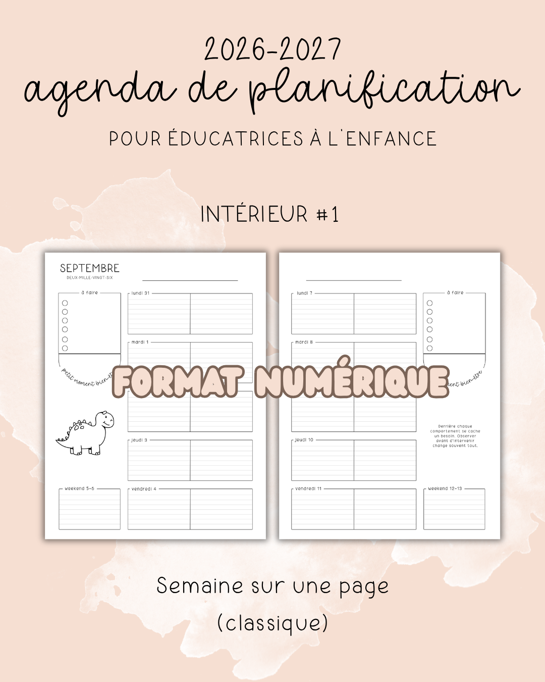 NUMÉRIQUE - Agenda pour le personnel éducateur | Modèle 1 : Semaine sur une page (classique)
