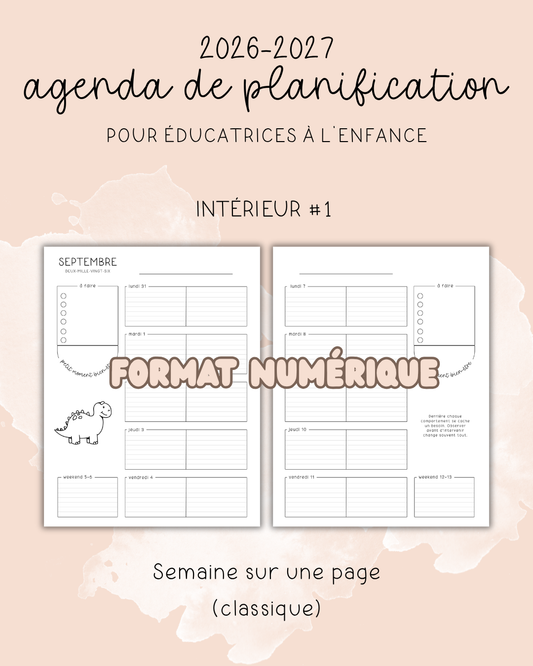 NUMÉRIQUE - Agenda pour le personnel éducateur | Modèle 1 : Semaine sur une page (classique)