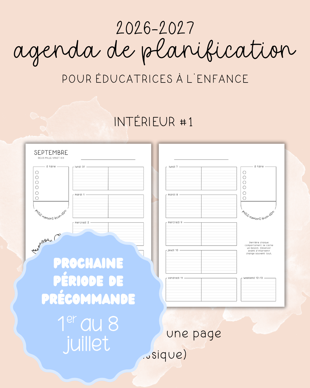 Agenda pour le personnel éducateur | Modèle 1 : Semaine sur une page (classique)