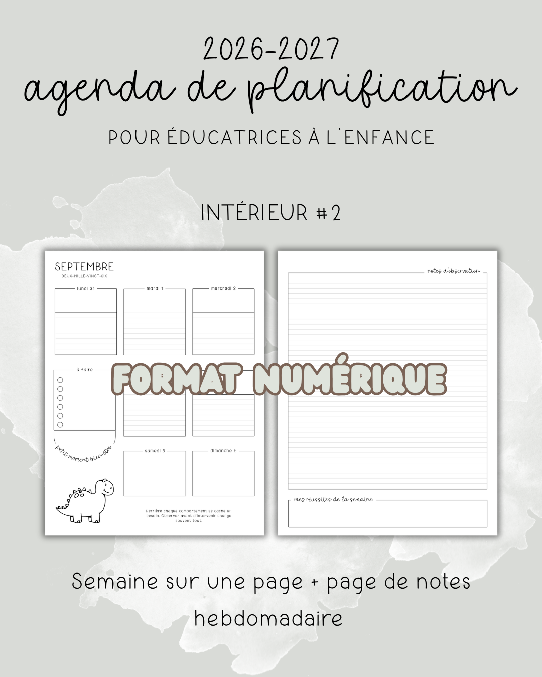 NUMÉRIQUE - Agenda pour le personnel éducateur | Modèle 2 : Semaine sur une page + page de notes