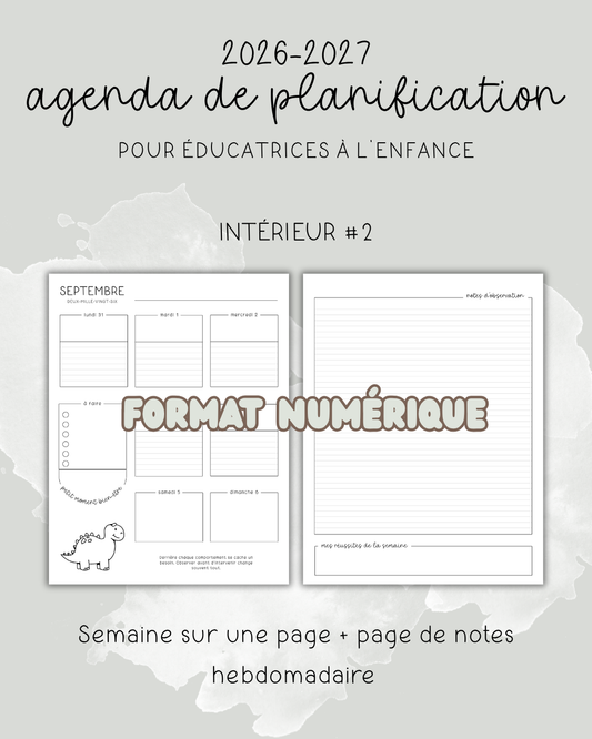 NUMÉRIQUE - Agenda pour le personnel éducateur | Modèle 2 : Semaine sur une page + page de notes