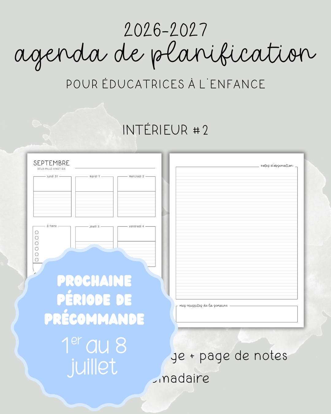 Agenda pour le personnel éducateur | Modèle 2 : Semaine sur une page + page de notes