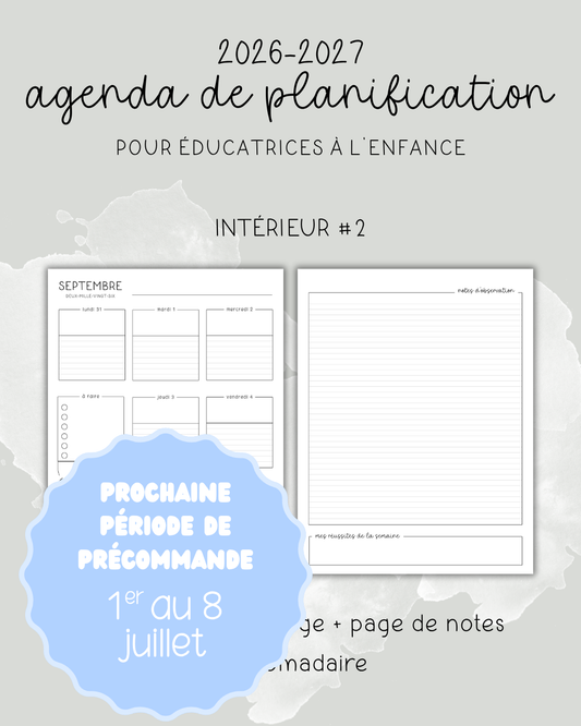Agenda pour le personnel éducateur | Modèle 2 : Semaine sur une page + page de notes