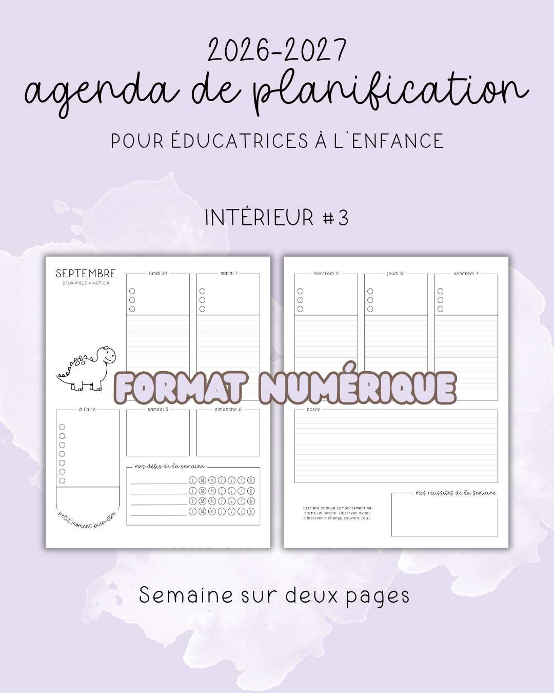 NUMÉRIQUE - Agenda pour le personnel éducateur | Modèle 3 : Semaine sur deux pages