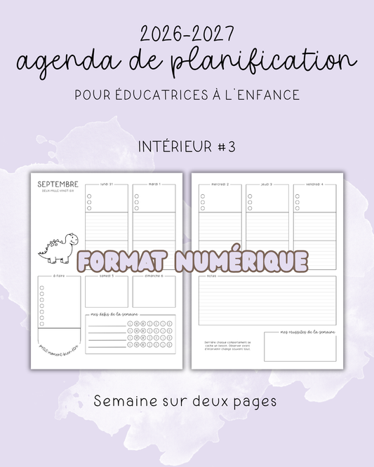 NUMÉRIQUE - Agenda pour le personnel éducateur | Modèle 3 : Semaine sur deux pages