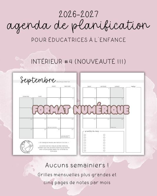 NUMÉRIQUE - Agenda pour le personnel éducateur | Modèle 4 : Sans semainiers