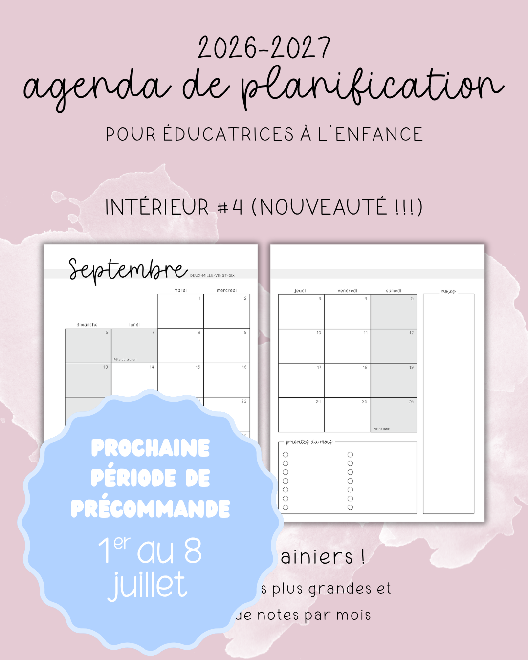 Agenda pour le personnel éducateur | Modèle 4 : Sans semainiers