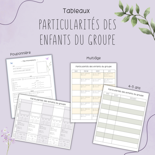 Tableaux - Particularités des enfants de mon groupe